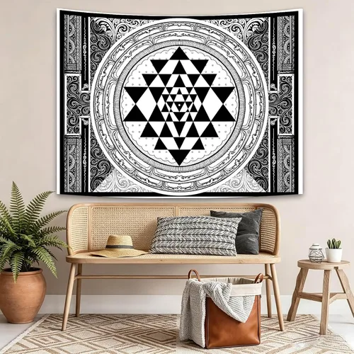 Vista 4 de SHRAPHY Tapiz Sri Yantra de 60 x 40 pulgadas, tapiz de meditación sentado, geometría sagrada, tapiz de arte blanco y negro para colgar en la pared