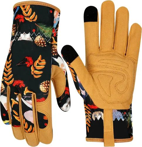 Vista 8 de Guantes de jardinería de cuero para mujer, guantes de jardín a prueba de espinas, diseño de pantalla táctil, guantes de trabajo resistentes