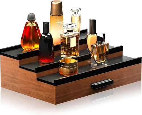 Vista 8 de Sephyroth Organizador de colonia para hombre, 3 niveles, estante elevado de exhibición de colonia con cajón, organización de perfumes y elevadores