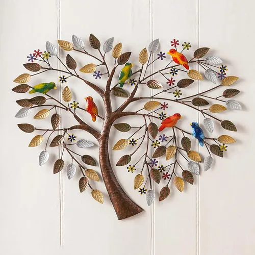 Vista 2 de Xnchhou Escultura de pared hecha a mano, ramas de pájaros, flores en forma de corazón, árbol genealógico, pared, arte de metal, árbol de la vida