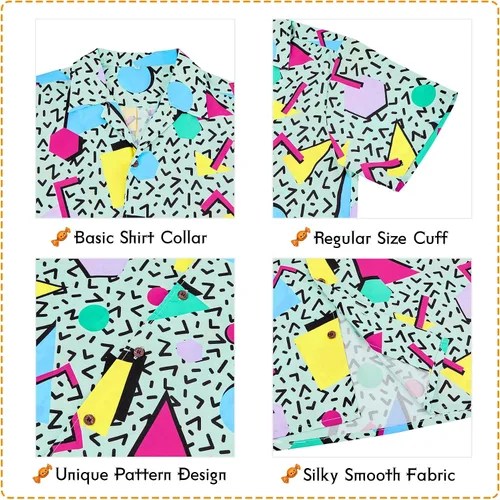 Vista 2 de Zando Camisas hawaianas de los años 80 y 90 para hombre, divertido traje retro de manga corta con botones para fiesta temática discoteca verano playa