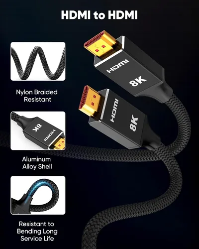 Vista 7 de Capshi Cable HDMI 2.1 de 2 pies 8K 4K a 120Hz, cable de alta velocidad de 48 Gbps para PS5/4, TV, consola de juegos, monitor, 8K @60Hz, 2K @240Hz