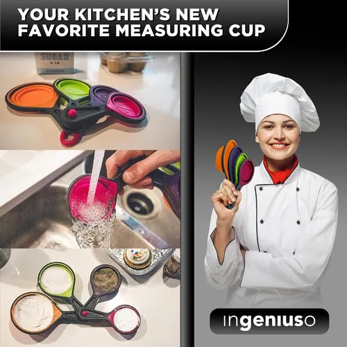 Vista 5 de Tazas medidoras plegables y cucharas anidables, silicona ajustable para cocinar, utilizada para artículos de cocina líquidos y secos, control