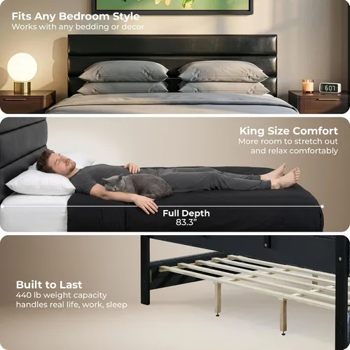 Vista 5 de Click365 Hudson - Base de cama de plataforma tamaño King, cama tapizada de piel sintética negra con cabecera copetuda, soporte de listones de Cuero