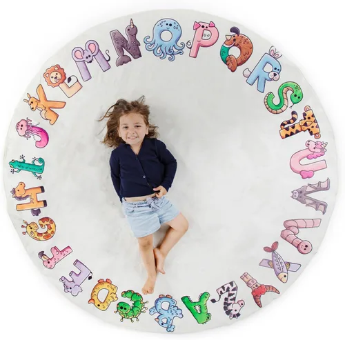 Vista 9 de ABC - Alfombra del alfabeto para niños, alfombra de juego redonda azul de 6 pies para niños pequeños y bebés, decoración suave para el cuarto