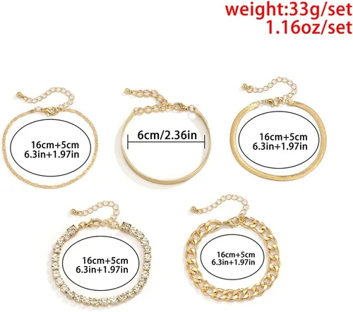Vista 6 de fxmimior Juego de 5 pulseras apilables de cadena dorada y plata con diamantes de imitación para mujer, con cuentas ajustables, cadena de cable plano