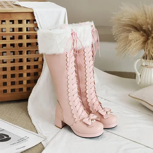 Vista 4 de Botas altas hasta la rodilla con plataforma para mujer, con lazo de invierno, con cremallera, botines largos Kawaii