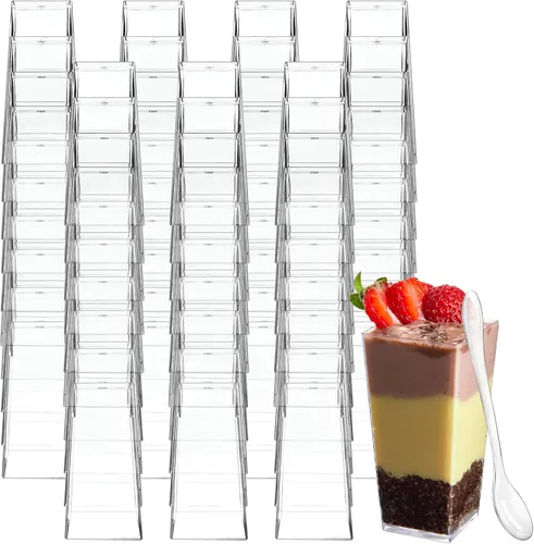 Vista 8 de TOFLEN Paquete de 50 unidades de tazas de postre mini cuadradas de 3 onzas con cucharas, tazas de postre transparentes de plástico para fiesta