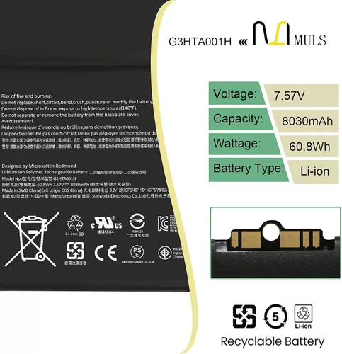 Vista 2 de MULS 93HTA001H G3HTA001H - Batería de repuesto para teclado Microsoft Surface Book 1ª generación 1785 con batería de herramientas 8030mAh 60.8Wh