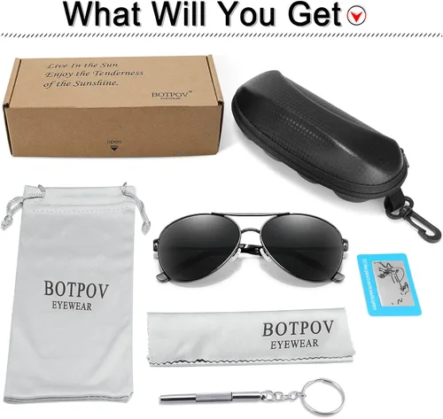 Vista 5 de BOTPOV Gafas de sol de aviador para hombres y mujeres, polarizadas, protección UV400, lente espejada, marco de metal con bisagras de resorte..