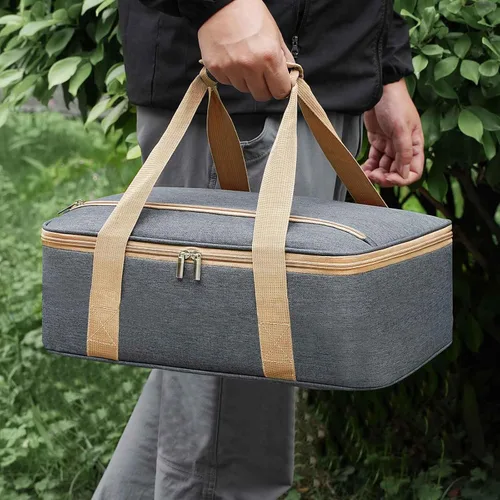 Vista 6 de Porta ollas aislada con bolsillos con cremallera, porta ollas para alimentos calientes o fríos, porta alimentos aislado para fiestas, picnics