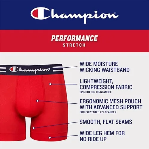 Vista 5 de Champion Men's Cotton Moisture-Wicking Performance Stretch Boxer Briefs, 3-Pack