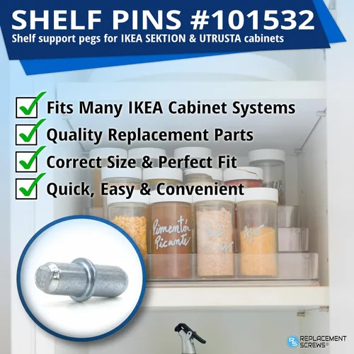 Vista 2 de ReemplazoTornillos de soporte de estante Pines/clavijas compatibles con IKEA 101532 (UTRUSTA, METOD, IVAR), Dúplo chapados en zinc, paquete de 5