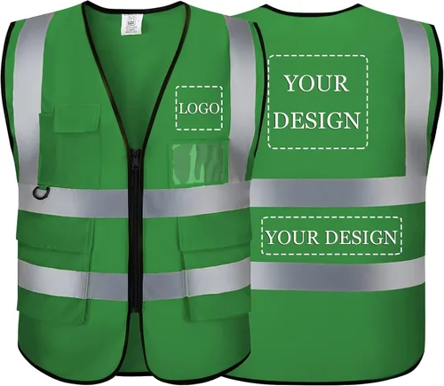 Vista 38 de Chaleco Reflectante Clase 2 de Seguridad ANSI con Bolsillos y Cremallera de Alta Visibilidad Uniforme de Construcción K-verde-1pack-custom
