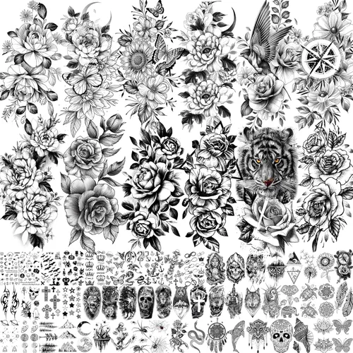Vista 12 de 70 hojas de tatuajes temporales realistas en 3D de antebrazo, lobo, tigre, león, para hombres y mujeres, brazo del muslo, calavera aterradora
