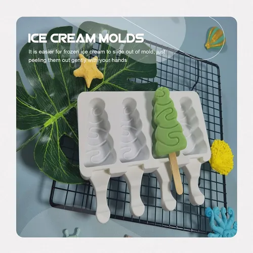 Vista 3 de Moldes para paletas de hielo para árbol de Navidad, bandejas reutilizables de 4 ranuras para paletas de hielo con moldeador de fácil liberación