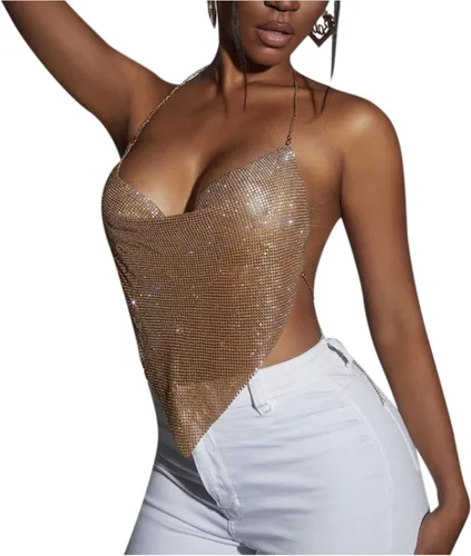 Vista 2 de RARITYUS Camiseta sin mangas sexy con diamantes de imitación brillantes para mujer, cuello en V profundo, con cadena, para club nocturno, fiesta