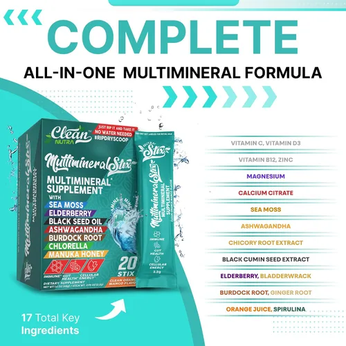 Vista 2 de Polvo de Musgo Marino Baya de Saúco Ashwagandha Chlorella Miel de Manuka VitaminaD3 Vitamina C Zinc Espirulina Yodo Verdes Detox Apoyo Inmune Sin