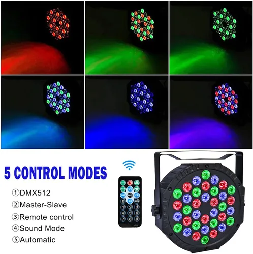 Vista 2 de Luces de escenario 36 LED Luces Par RGB Iluminación de escenario Luces ascendentes 7 modos Luz DJ Activación de sonido Control con control remoto