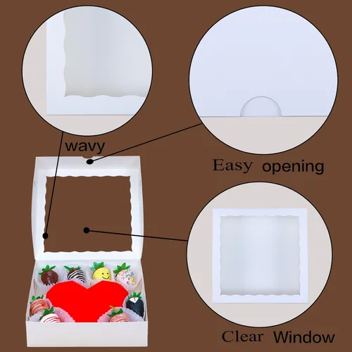 Vista 5 de RomanticBaking 14 cajas de panadería de 9 x 9 x 2.5 pulgadas con ventana para pastel, corazón quebradizo, fresas cubiertas de chocolate, galletas