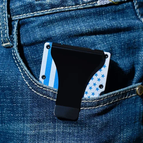 Vista 7 de Cartera minimalista pequeña tarjetero delgado bolsillo frontal cartera RFID bloqueo clip dinero mujeres hombres, Y_Bandera azul, Minimalista