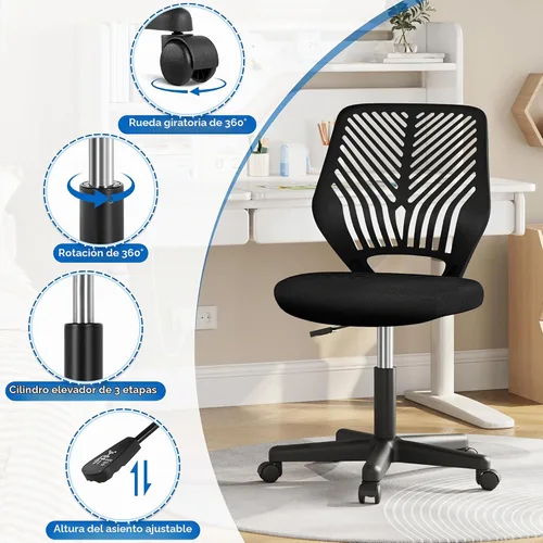 Vista 7 de Yaheetech - Silla de escritorio pequeña, asiento giratorio ajustable sin brazos, color negro