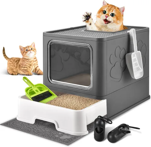 Vista 7 de Caja de arena cubierta para gatos con alfombrilla de arena, plegable, extra grande, puerta ajustable de doble entrada, diseño de cajón, caja de Azul