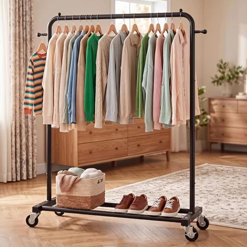 Vista 7 de Sywhitta - Perchero de ropa con ruedas y estante de almacenamiento y marco de metal resistente, perchero de ropa minorista para colgar ropa