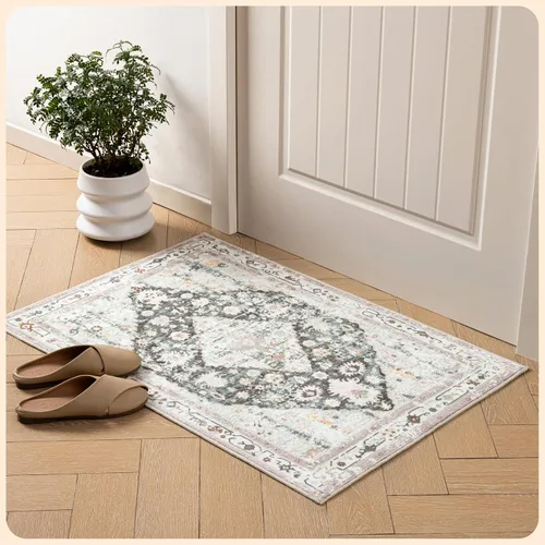 Vista 261 de Istana Alfombra larga antideslizante de 2.5 x 8 para el hogar, para pasillo y cocina, lavable, sedosa y suave al tacto, elegante, color azul y marfil