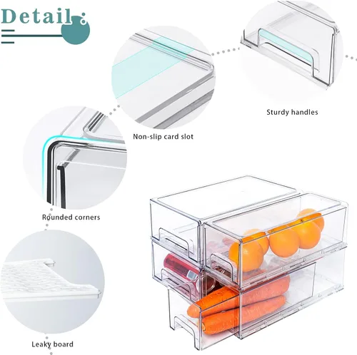 Vista 6 de Paquete de 2 cajones apilables para refrigerador, contenedores extraíbles transparentes, organizador de cajón para refrigerador, contenedores