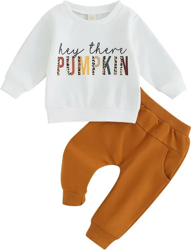 Vista 20 de VISGOGO Conjunto de ropa de otoño e invierno para bebé niño, sudadera de manga larga con estampado de letras + pantalones, 2 piezas A-bubs-marrón