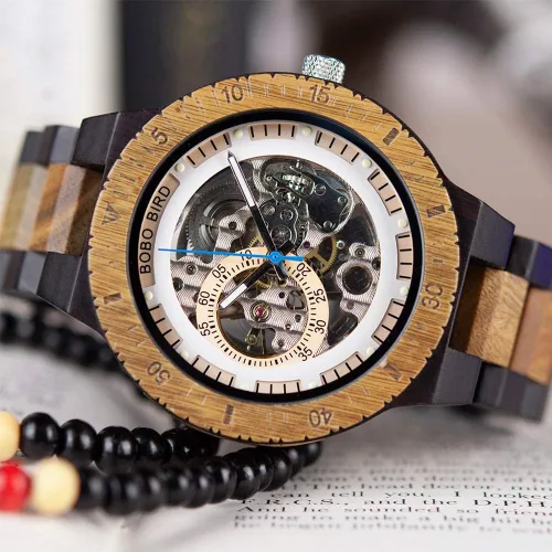 Vista 8 de BOBO BIRD Reloj mecánico automático de madera para hombre, personalizable, reloj de pulsera de madera de lujo para hombre