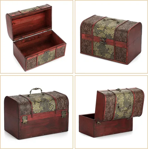 Vista 3 de ELLDOO Caja de cofre del tesoro vintage, caja de recuerdos pirata para regalos de niños, caja de almacenamiento de tesoros de madera, caja