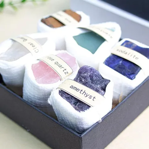 Vista 3 de Caja de piedra original de cristal, muestra de mineral natural, marcador mineral de partículas grandes sin pulir, juego de caja de regalo