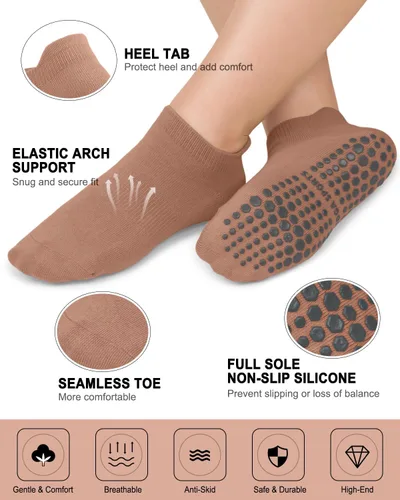 Vista 4 de 5 pares de calcetines de agarre para Pilates y yoga con agarre para mujer, calcetines deportivos antideslizantes para ballet, danza, entrenamiento