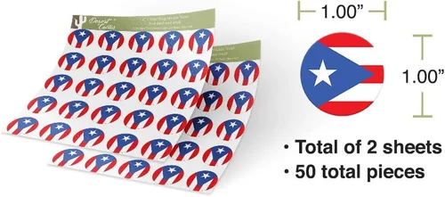 Vista 3 de Calcomanía de vinilo con la bandera del estado de Puerto Rico, 1 pulgada, redondo, dos hojas, 50 piezas en total, con logotipo para niños, álbum