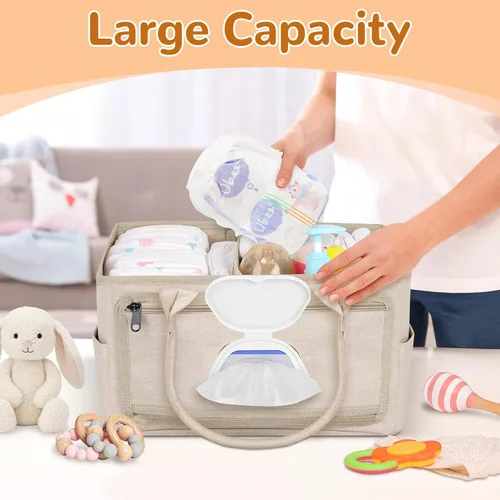 Vista 2 de Volnamal Organizador de pañales con dispensador de toallitas con acceso con una sola mano, organizador de pañales de alta calidad, organizador Beige