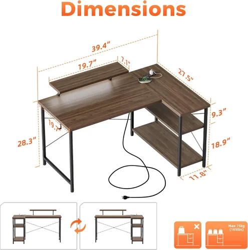 Vista 2 de Mericonia Escritorio esquinero de 40 pulgadas con soporte para monitor Nogal