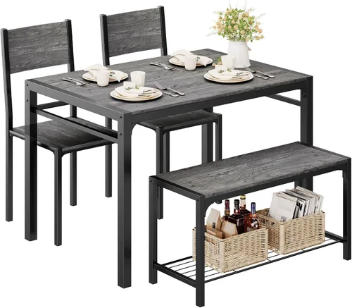 Vista 8 de Shahoo Mesa de cocina y 2 sillas para 4 personas con banco, juegos de comedor de 4 piezas para espacios pequeños, color marrón