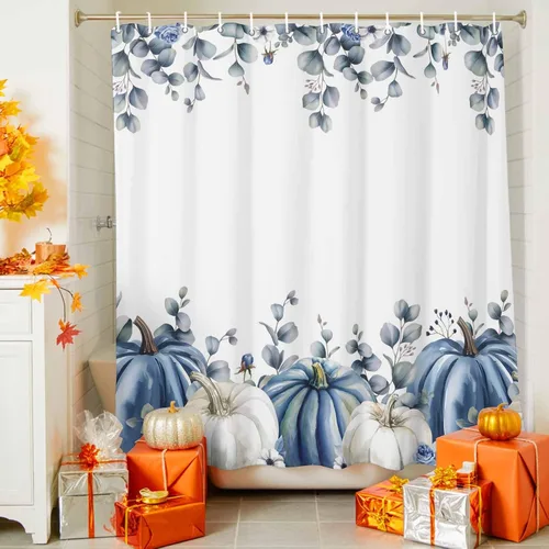 Vista 3 de Cortina de ducha de calabaza azul para baño, calabazas blancas, hojas verdes, cortinas de baño con ganchos, tela de poliéster impermeable, cortinas