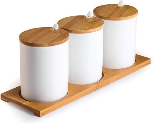 Vista 9 de Recipiente de especias de porcelana para condimentos con tapas, soporte de tapa de bambú, cuchara de servir de cerámica, bandeja de madera, la mejor