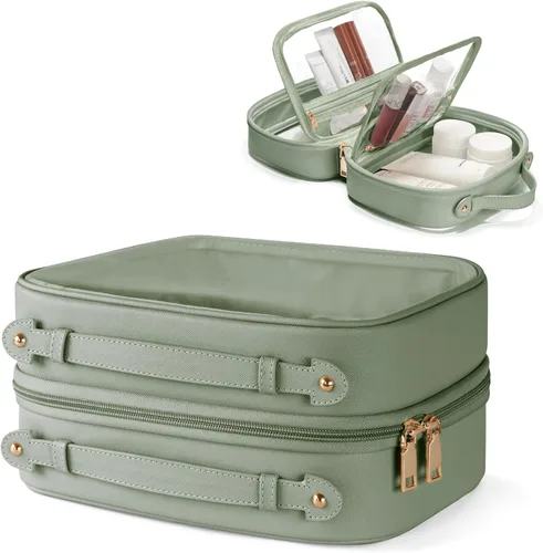 Vista 15 de Bolsa de Cosméticos Transparente de Doble Capa Bolsa de Artículos de Tocador de Viaje Estuche de Maquillaje Transparente con 4 Compartimentos, Bolsa