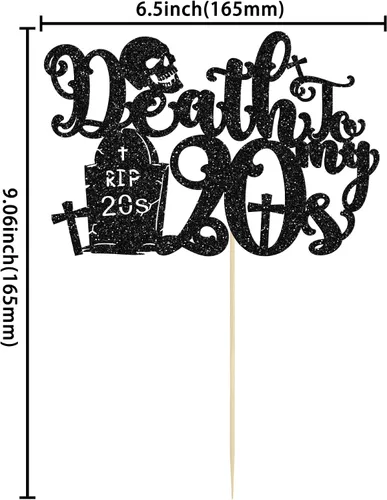 Vista 2 de 1 paquete de decoración negra para tarta de 30 años con purpurina de "Death to My 20", decoración para pastel de 30 años, decoración de fiesta
