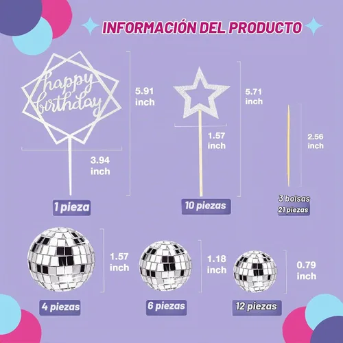 Vista 2 de 33 piezas de decoración de pastel de bola de discoteca, bolas de discoteca plateadas con bolas de espejo, decoración de pastel de feliz cumpleaños