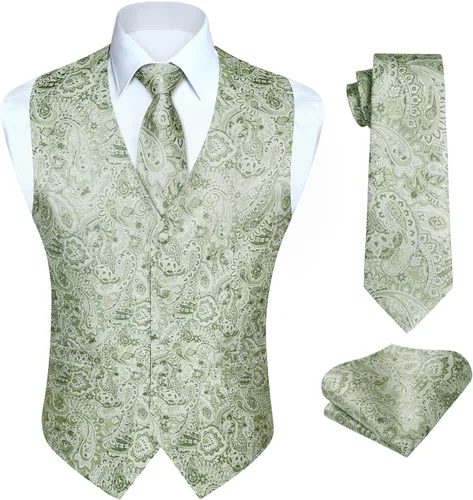 Vista 13 de HISDERN Conjunto de 3 piezas de chaleco formal para hombre, chaleco formal de cachemira floral jacquard corbata bolsillo cuadrado chalecos