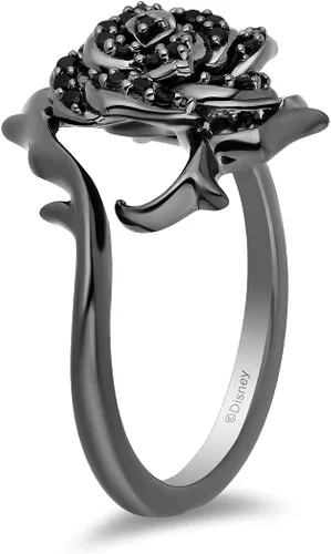 Vista 3 de Enchanted Disney Fine Jewelry - Anillo de plata de ley con rodio negro sobre rodio negro tratado de 14 quilates con diamante redondo negro maléfico