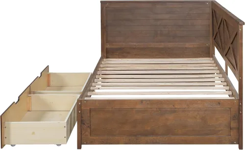 Vista 5 de Sofá cama de madera de tamaño individual con nido y cabecera en forma de L, marco de madera para sofá cama con barandilla rústica y soporte