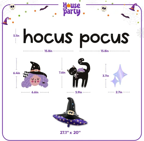 Vista 7 de HOUSE OF PARTY Hocus Pocus, pancarta de Halloween y globo de sombrero de bruja, decoración perfecta para fiestas de Halloween en interiores