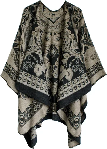 Vista 20 de Chal estilo poncho de frente abierta con patrón vintage para mujer, abrigo de invierno Serie 15-negro