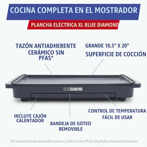 Vista 3 de Blue Diamond Plancha eléctrica extra grande de 20 x 10.5 pulgadas, superficie antiadherente de cerámica saludable, no tóxica sin PFAS, control